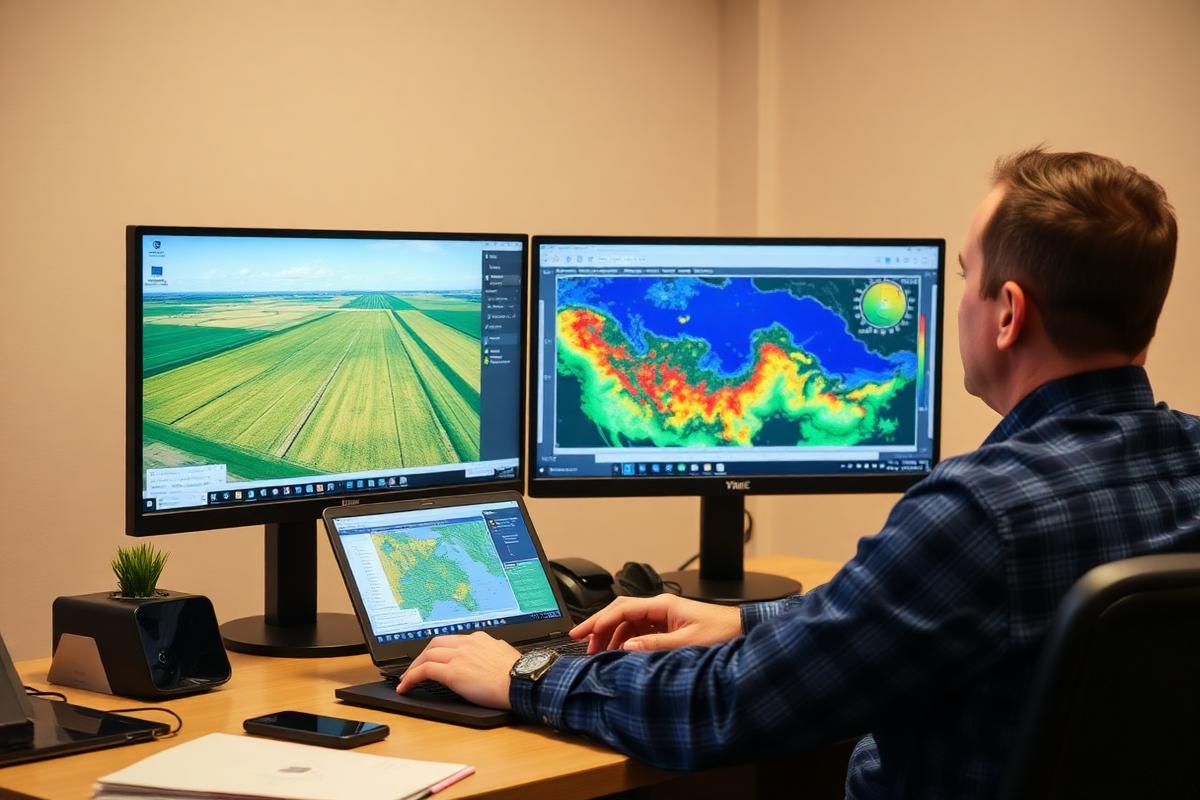 Agricultural finance professional comparing field condition maps and weather charts