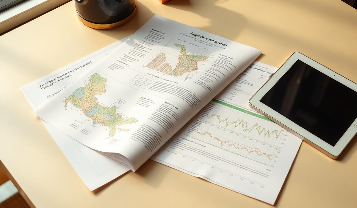 Printed agricultural field report with maps and charts on a desk beside a tablet