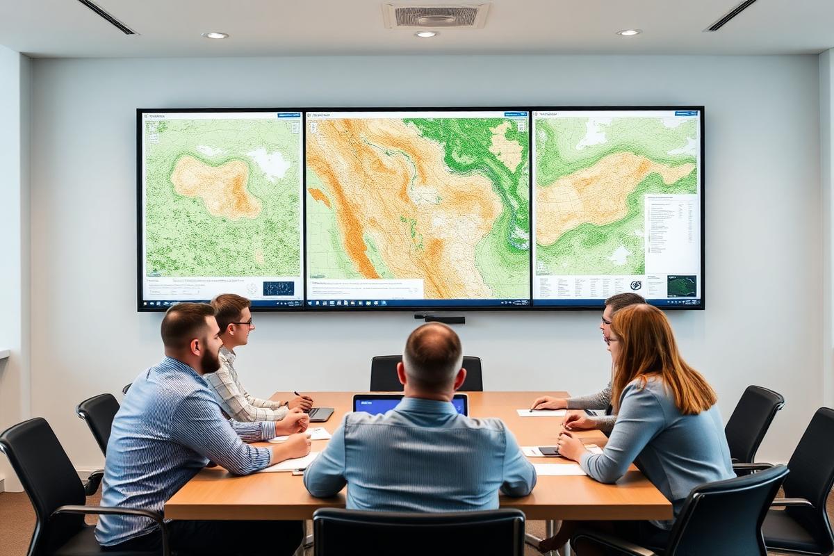 Agricultural risk team reviewing field evidence on a large display in a meeting room