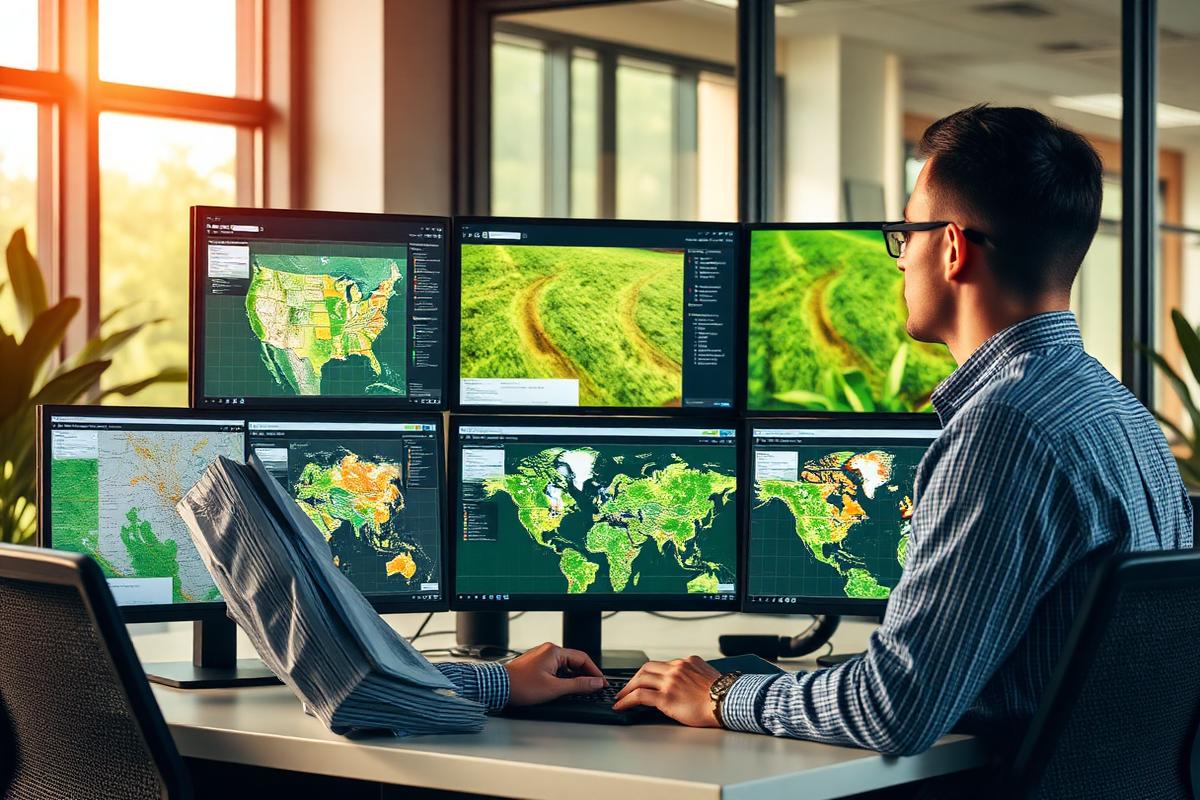 Agricultural risk analyst reviewing field maps and vegetation charts on multiple screens