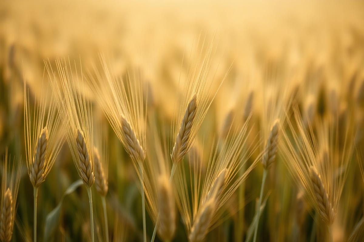 Close detail of spring wheat heads in a prairie field